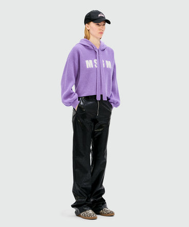 Maglia viola in misto cachemire con cappuccio e logo MSGM