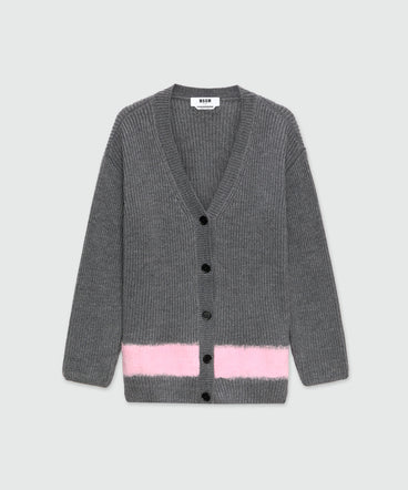Cardigan grigio mélange in maglia a coste con dettaglio colorblock