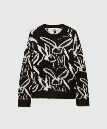 Maglione nero in mohair spazzolato con motivo jacquard "Sketched bunnies"