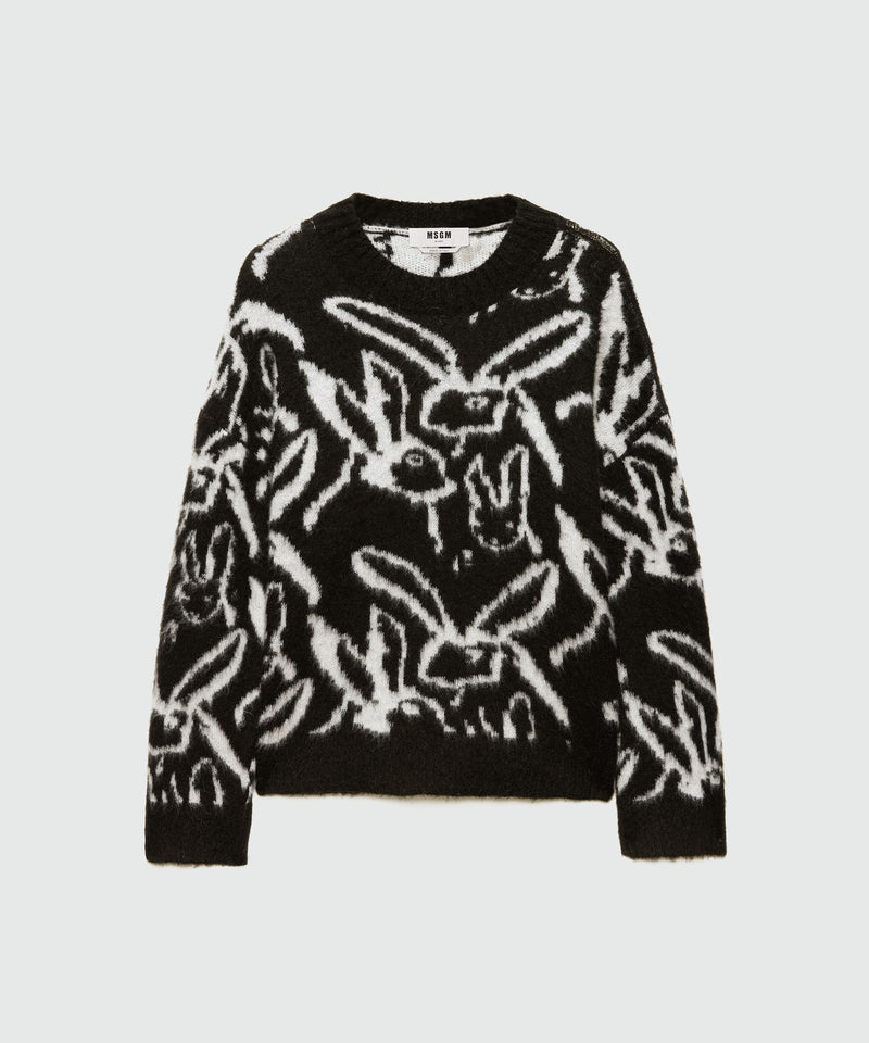 Maglione nero in mohair spazzolato con motivo jacquard "Sketched bunnies" 99 Donna 