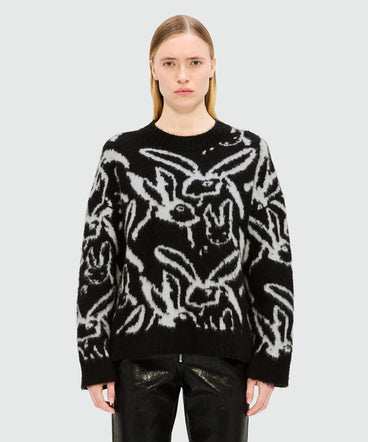 Maglione nero in mohair spazzolato con motivo jacquard "Sketched bunnies"