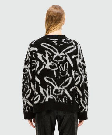 Maglione nero in mohair spazzolato con motivo jacquard "Sketched bunnies"