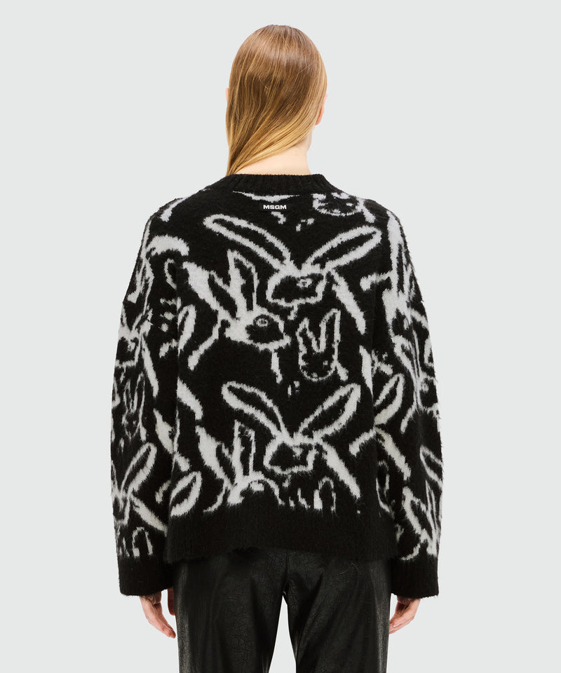 Maglione nero in mohair spazzolato con motivo jacquard "Sketched bunnies" 99 Donna 