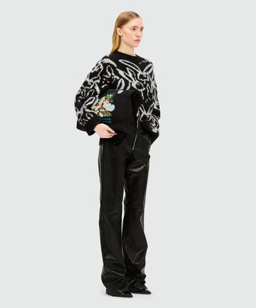 Maglione nero in mohair spazzolato con motivo jacquard "Sketched bunnies"