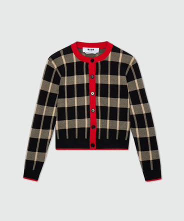 Two-tone check cardigan with contrasting details