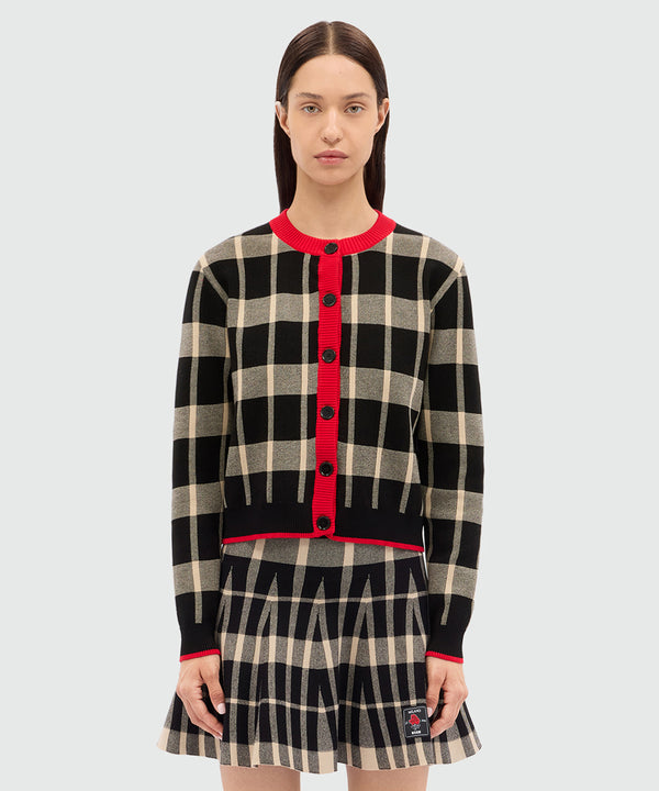 Two-tone check cardigan with contrasting details