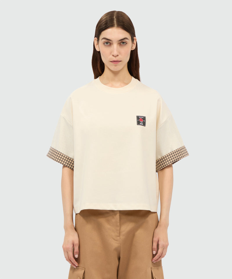Cream cotton T-shirt with check print poplin details 2 Women 