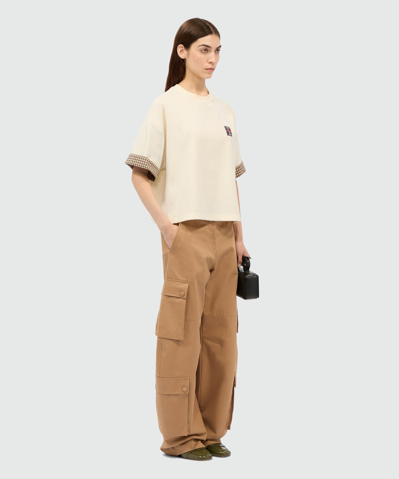 Cream cotton T-shirt with check print poplin details 2 Women 