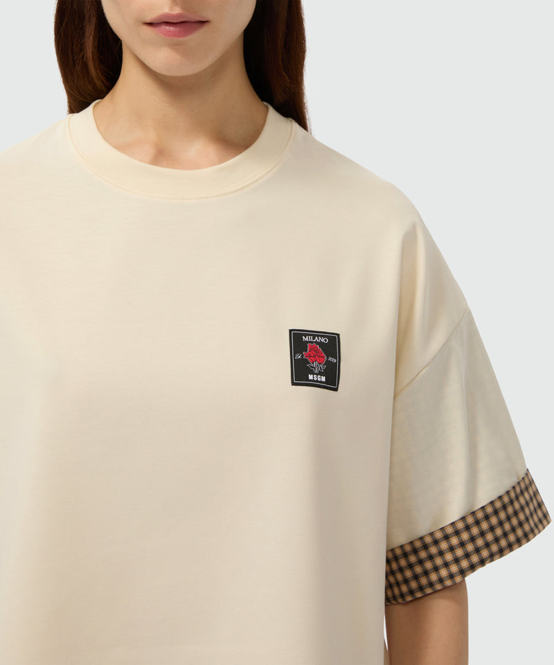 Cream cotton T-shirt with check print poplin details 2 Women 