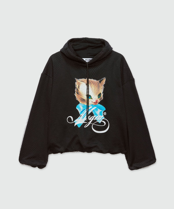 Black jersey sweatshirt with tulle and "Cute Kitty" print