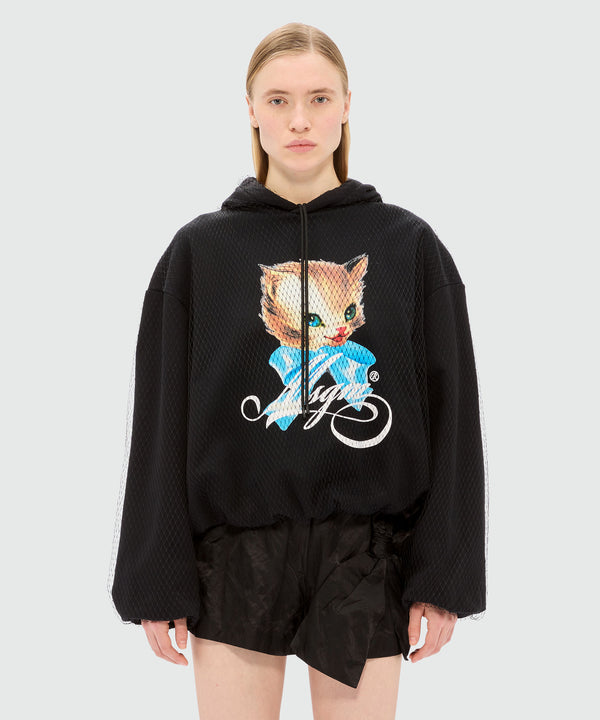 Black jersey sweatshirt with tulle and "Cute Kitty" print