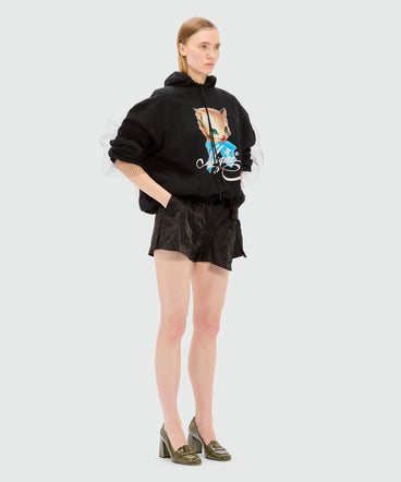 Black jersey sweatshirt with tulle and "Cute Kitty" print