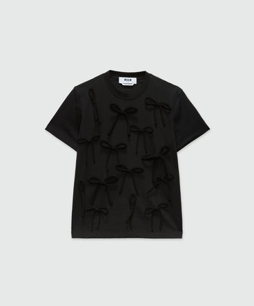 T-shirt nera in cady con fiocchi