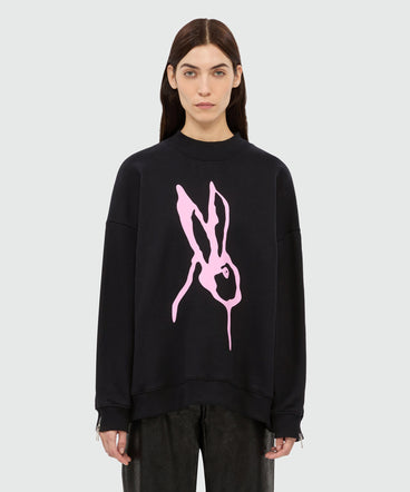 Felpa nera in jersey e stampa "Sketched bunny"