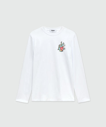 White long-sleeved jersey T-shirt with "Heart on Fire" print