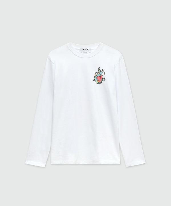 White long-sleeved jersey T-shirt with "Heart on Fire" print