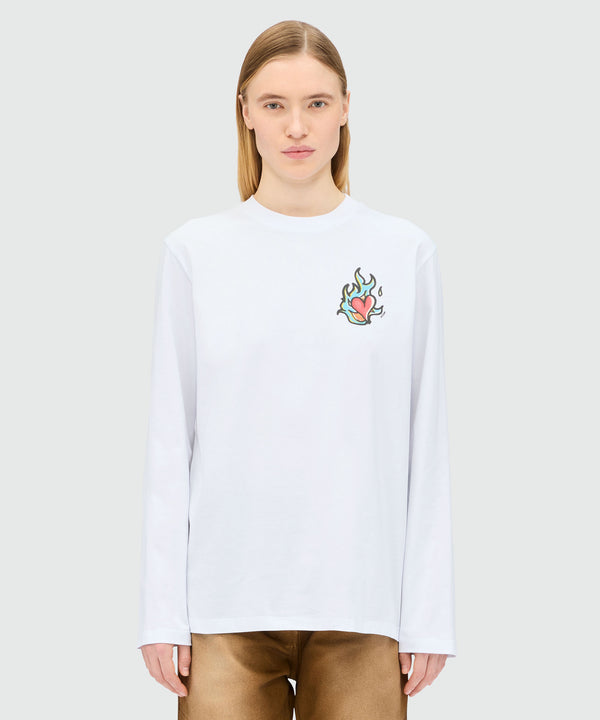 White long-sleeved jersey T-shirt with "Heart on Fire" print