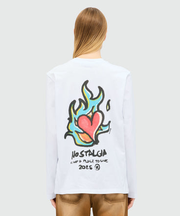 White long-sleeved jersey T-shirt with "Heart on Fire" print