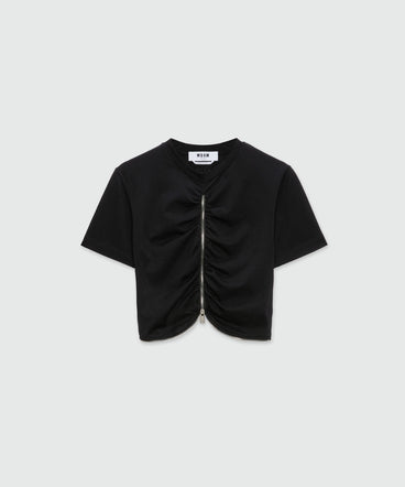 Black cropped jersey T-shirt with zip