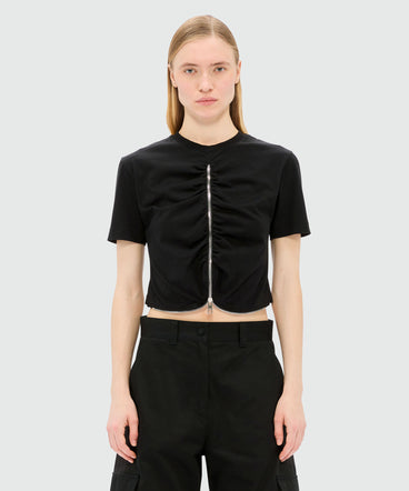 Black cropped jersey T-shirt with zip