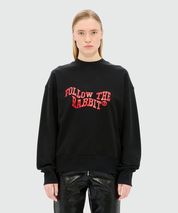 Black jersey sweatshirt with "Follow the Rabbit®" quote