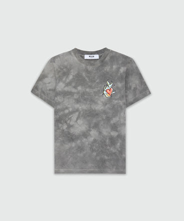 T-shirt grigia in jersey tie-dye con stampa MSGM "Heart on fire"