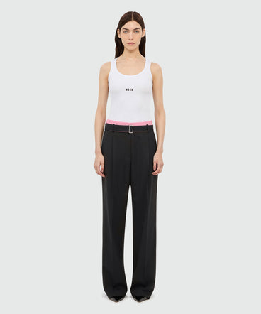 Pantaloni palazzo neri in fresco lana con cintura bicolore