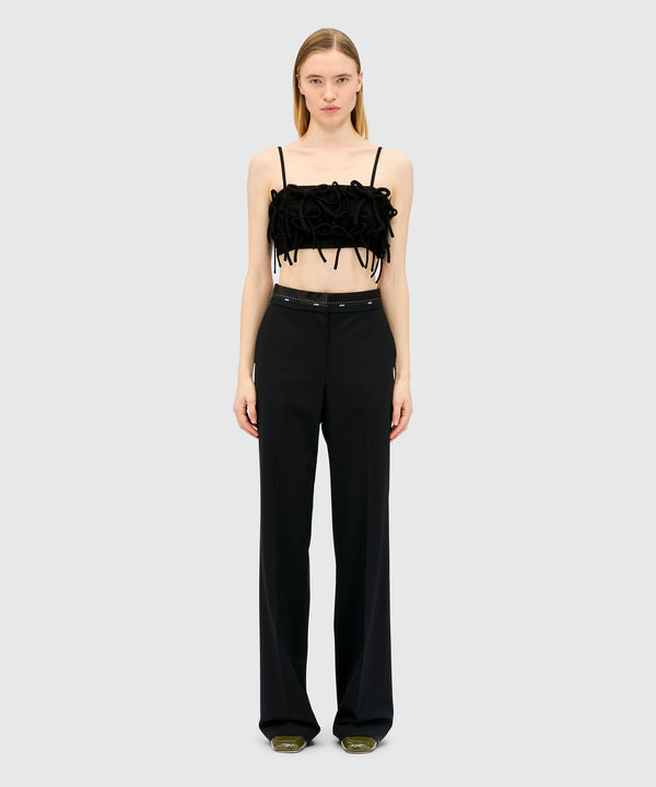 Black palazzo trousers in cool wool with logo belt