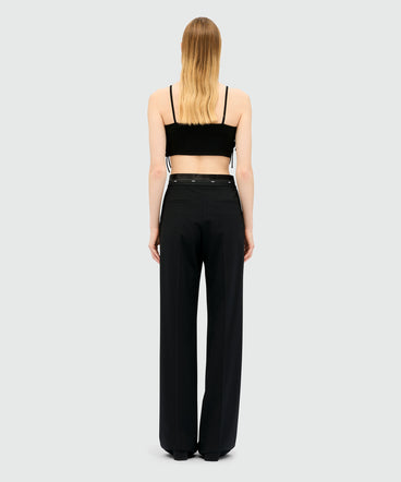 Black palazzo trousers in cool wool with logo belt