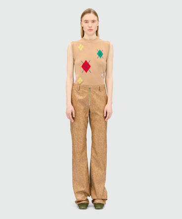 Pantaloni flare beige in similpelle craquelé