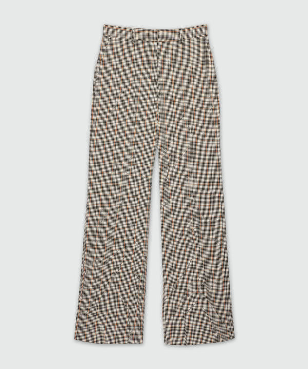 Ivory flared trousers in crumpled micro check