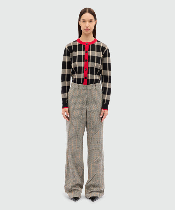 Ivory flared trousers in crumpled micro check