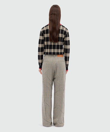 Ivory flared trousers in crumpled micro check