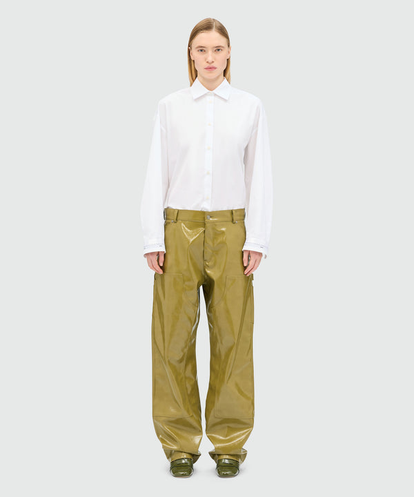 Olive green vinyl baggy trousers