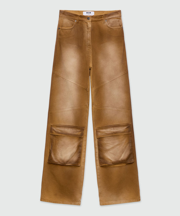 Beige spray-effect denim cargo trousers