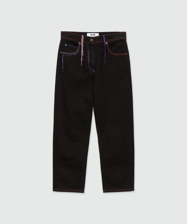 Black denim trousers with multicoloured thread detail