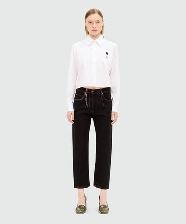 Black denim trousers with multicoloured thread detail