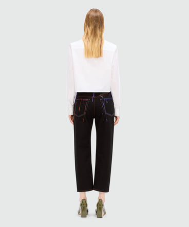 Black denim trousers with multicoloured thread detail
