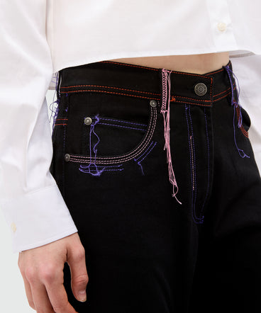 Black denim trousers with multicoloured thread detail