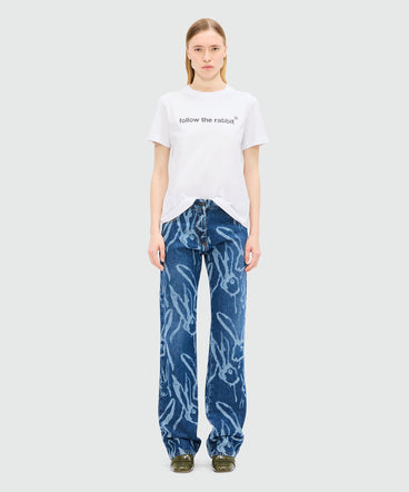 Blue denim trousers with "Sketched Bunnies" print