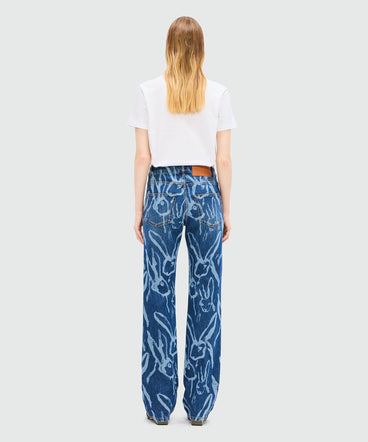 Blue denim trousers with "Sketched Bunnies" print