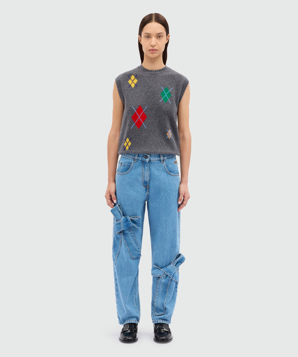 Blue denim trousers with bow detail