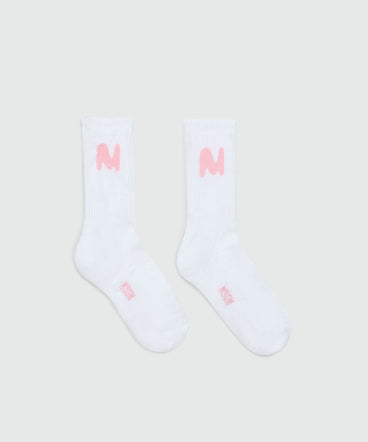 White socks with "TheMwave" jacquard graphics