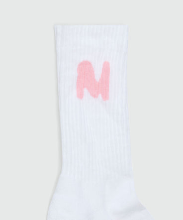White socks with "TheMwave" jacquard graphics