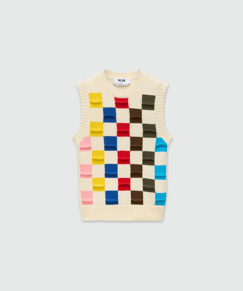 Gilet grigio mélange in maglia con motivo damier 3D multicolor 02 Donna 