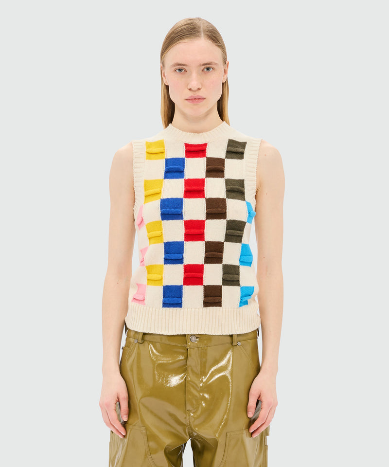 Gilet grigio mélange in maglia con motivo damier 3D multicolor 02 Donna 