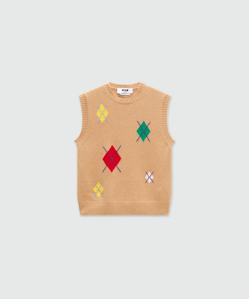 Gilet beige in maglia con motivo argyle multicolor 24 Donna 