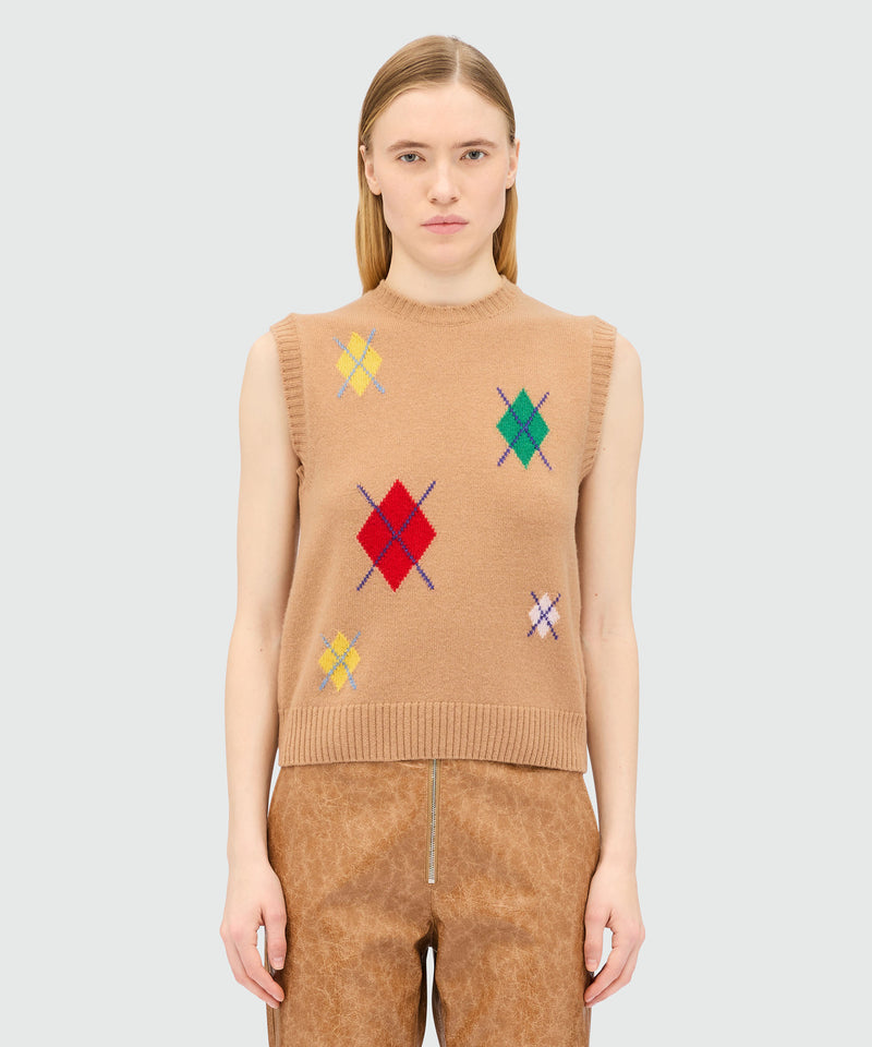 Gilet beige in maglia con motivo argyle multicolor 24 Donna 