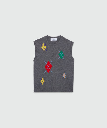 Grey melange knitted vest with multicolor argyle pattern