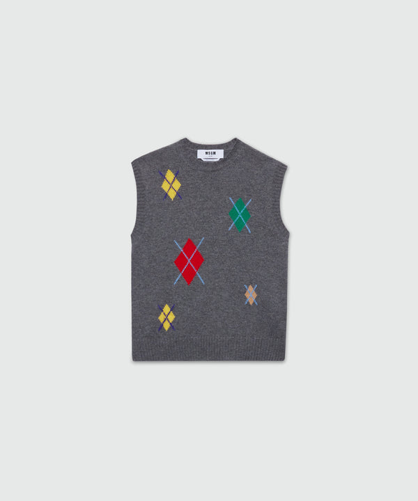 Grey melange knitted vest with multicolor argyle pattern